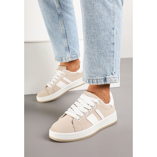 Beżowe Sneakersy na Płaskiej Podeszwie Ozdobione Paskami Ravesi ze sklepu born2be.pl w kategorii Buty sportowe damskie - zdjęcie 177656218