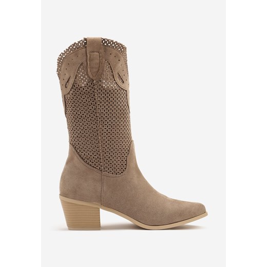 Ciemnobeżowe Ażurowe Botki na Obcasie w Stylu Kowbojek Felorwen 37 promocja born2be.pl