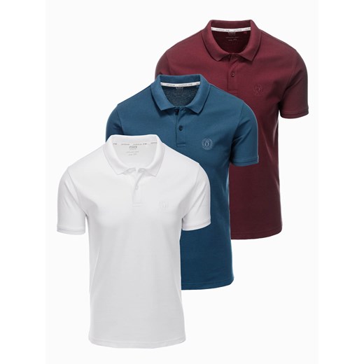 Komplet męskich bawełnianych t-shirtów polo BASIC – biały/bordowy/ciemnoniebieski V4 OM-POBS-0133 ze sklepu ombre w kategorii T-shirty męskie - zdjęcie 177658868
