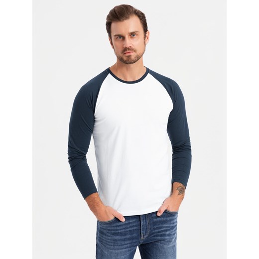 Męski longsleeve z kontrastowymi raglanowymi rękawami – biało-granatowy V1 OM-LSCL-0105 ze sklepu ombre w kategorii T-shirty męskie - zdjęcie 177659238