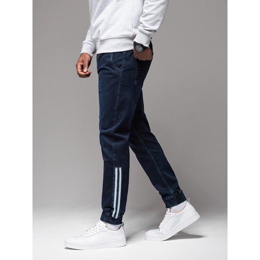 Męskie jeansowe joggery z lampasami – ciemnoniebieskie V4 OM-PADJ-0156 ze sklepu ombre w kategorii Jeansy męskie - zdjęcie 177659328