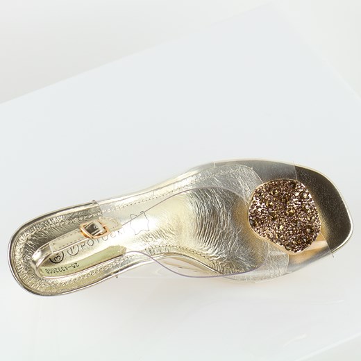 Złote silikonowe sandały damskie na szpilce z ozdobą, transparentne Po Potocki 40 suzana.pl