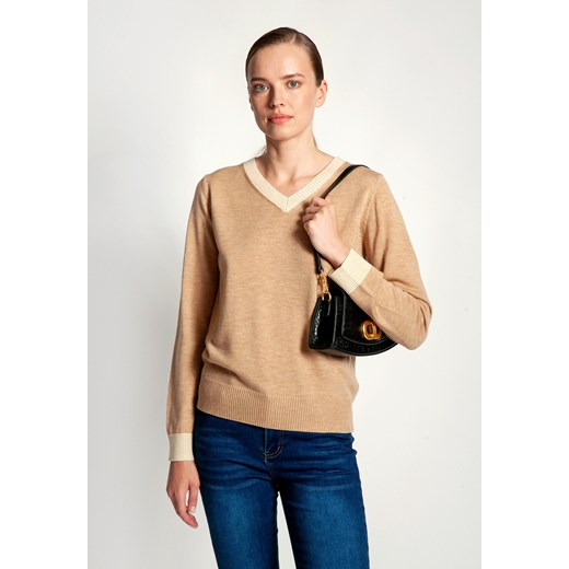 Brązowy sweter w serek z domieszką wełny ze sklepu Molton w kategorii Swetry damskie - zdjęcie 177673916