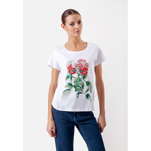 Biały t-shirt z aplikacją w róże ze sklepu Molton w kategorii Bluzki damskie - zdjęcie 177674398