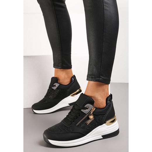 Czarne Błyszczące Sneakersy na Koturnie z Metalicznymi Detalami i Sznurowaniem Teissa ze sklepu renee.pl w kategorii Buty sportowe damskie - zdjęcie 177676147