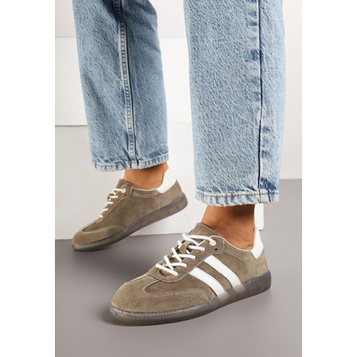 Ciemnobeżowe Płaskie Sneakersy ze Skóry Naturalnej z Ozdobnymi Paskami Nelarielis ze sklepu renee.pl w kategorii Buty sportowe damskie - zdjęcie 177676346