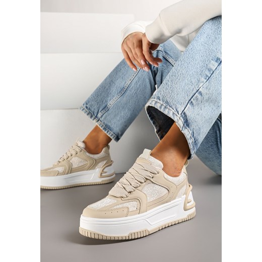Beżowe Sneakersy z Brokatowymi Zdobieniami na Platformie Deovirae ze sklepu renee.pl w kategorii Buty sportowe damskie - zdjęcie 177676859
