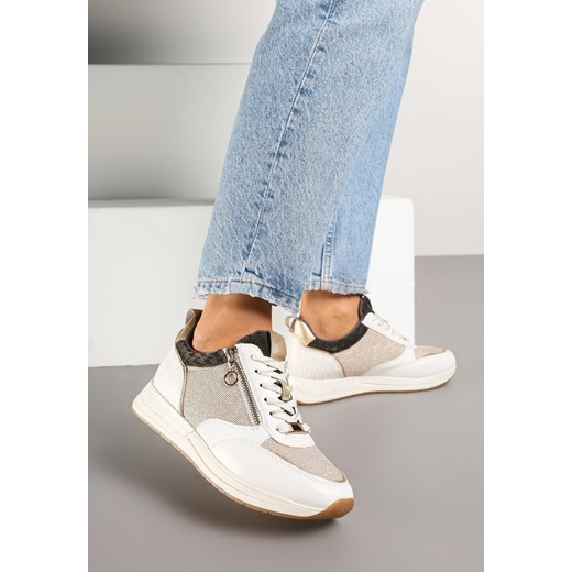 Beżowo-Złote Sneakersy z Wkładką ze Skóry Naturalnej Zdobione Suwakiem Fihanor ze sklepu renee.pl w kategorii Buty sportowe damskie - zdjęcie 177677639