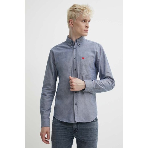 HUGO koszula bawełniana męska kolor niebieski slim z kołnierzykiem button-down 50479302 ze sklepu ANSWEAR.com w kategorii Koszule męskie - zdjęcie 177728607