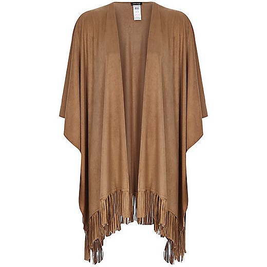 Camel faux suede fringed cape river-island brazowy 