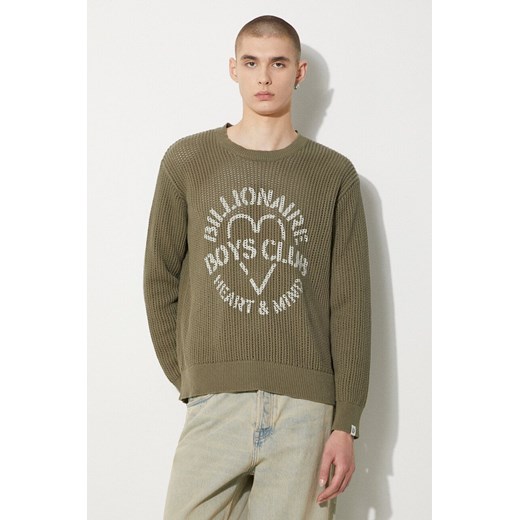 Billionaire Boys Club sweter bawełniany Heart &amp; Mind Stencil Logo Jumper kolor zielony ciepły B24224 ze sklepu ANSWEAR.com w kategorii Swetry męskie - zdjęcie 177737517
