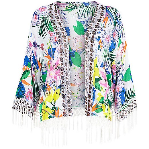 White floral print fringed cape cover up river-island szary 