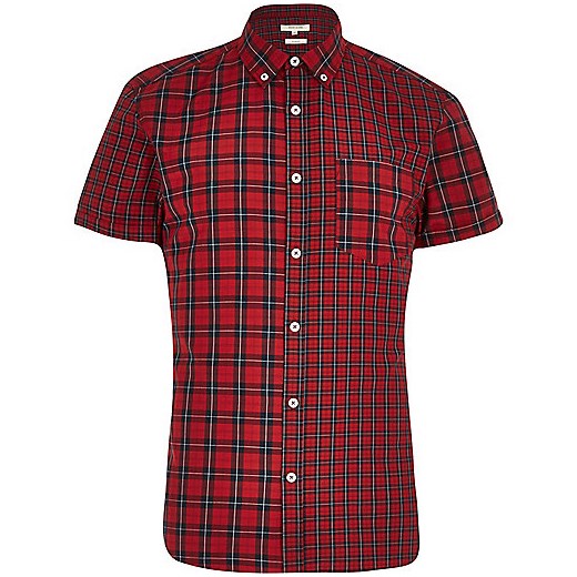 Red mixed check short sleeve shirt river-island czerwony Koszule casual męskie