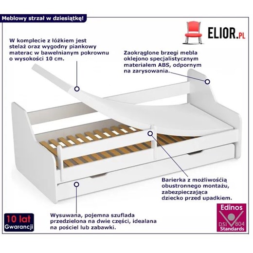 Białe łóżko dziecięce z barierką i szufladą - Milagros 4X 80x180 Elior One Size Edinos.pl