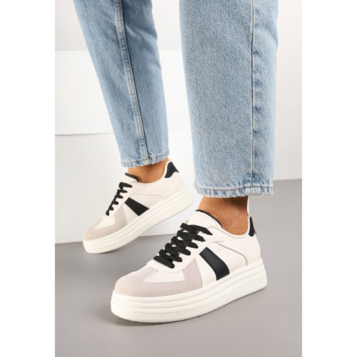 Beżowo-Czarne Sznurowane Sneakersy na Grubej Podeszwie z Geometrycznym Motywem Melmi ze sklepu born2be.pl w kategorii Buty sportowe damskie - zdjęcie 177892346