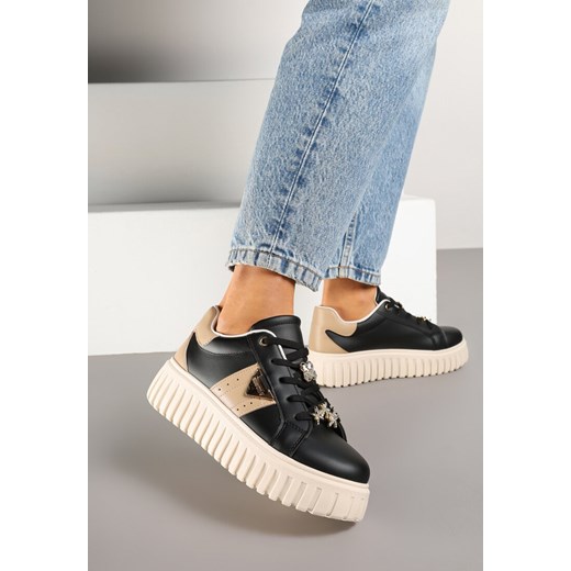 Czarne Sneakersy na Grubej Podeszwie z Metalicznymi Aplikacjami Elealenna ze sklepu born2be.pl w kategorii Buty sportowe damskie - zdjęcie 177892568