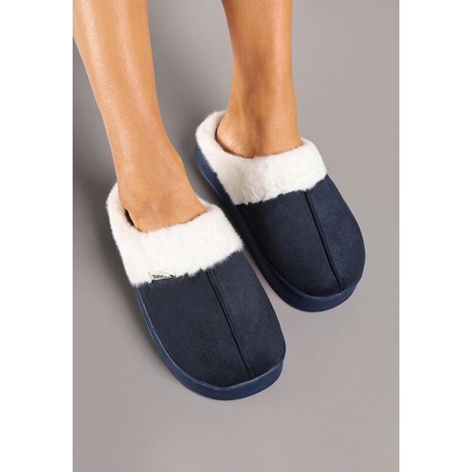Granatowe Klasyczne Kapcie Vices z Ozdobnym Futrem Eleahilde - id: C57-50-NAVY - marki Renee - 177892628 Granatowe Klasyczne Kapcie Vices z Ozdobnym Futrem Eleahilde ze sklepu renee.pl w kategorii Kapcie damskie - zdjęcie 177892628