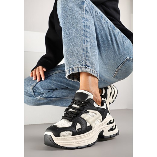 Czarno-Beżowe Sneakersy na Platformie z Tłoczeniem i Geometrycznym Wzorem Melvila ze sklepu renee.pl w kategorii Buty sportowe damskie - zdjęcie 177897557