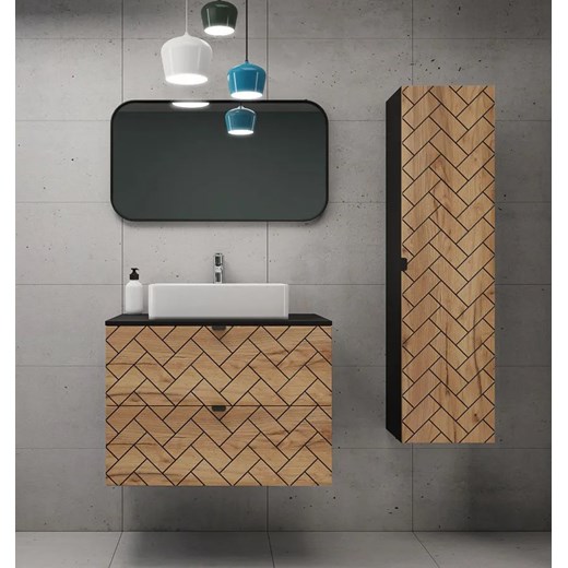 Komplet szafka pod umywalkę 80 cm ze słupkiem czarny + dąb craft złoty L3-T99 ze sklepu Edinos.pl w kategorii Szafki i regały łazienkowe - zdjęcie 177899228