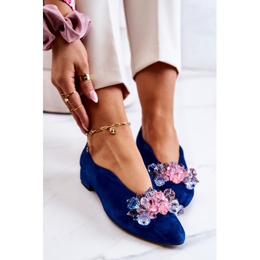 Półbuty Eleganckie Zamszowe Z Ozdobą Granatowe McQueen ze sklepu ZAZOO w kategorii Espadryle damskie - zdjęcie 177937767