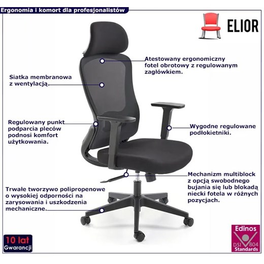 Czarny ergonomiczny obrotowy fotel z funkcją multiblock - Tungo Elior One Size Edinos.pl