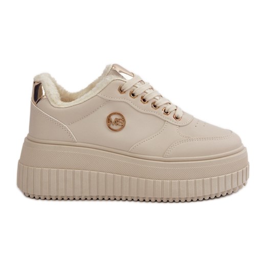 Sneakersy Buty Sportowe Damskie Ocieplane Na Masywnej Podeszwie Beżowe Ardiela beżowy ze sklepu ButyModne.pl w kategorii Buty sportowe damskie - zdjęcie 177974018