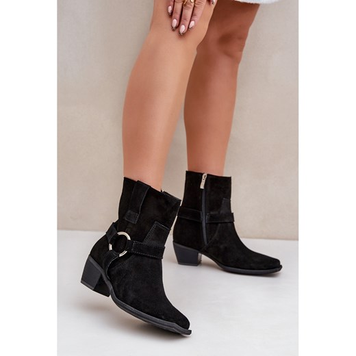 Botki Z Naturalnego Zamszu Na Obcasie Zazoo 3444/2 Czarne Zazoo 38 ButyModne.pl