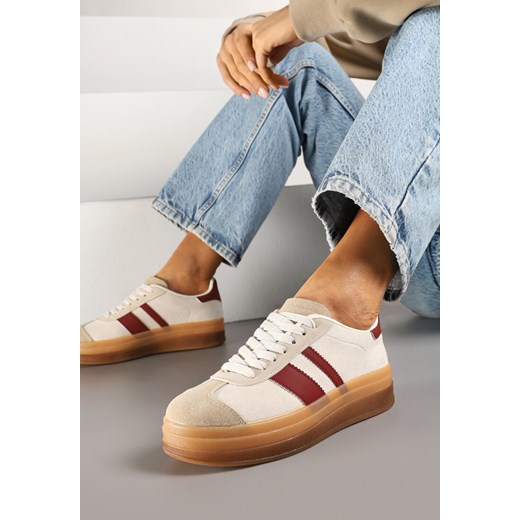 Beżowo-Bordowe Sneakersy na Płaskiej Podeszwie z Ozdobnymi Paskami Velali ze sklepu renee.pl w kategorii Buty sportowe damskie - zdjęcie 178033208