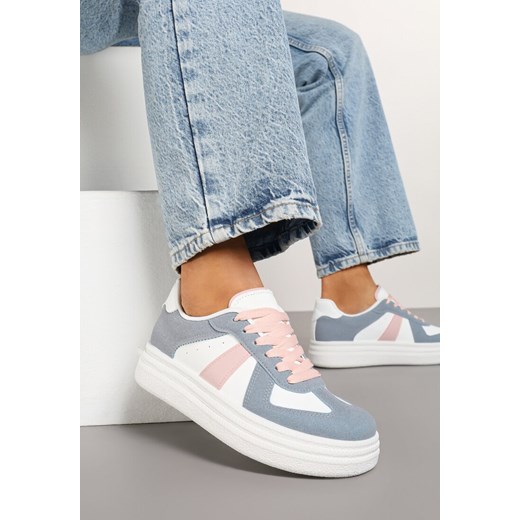 Niebiesko-Białe Sneakersy na Platformie Ozdobione Paskami ze Sznurowaniem Bormi ze sklepu renee.pl w kategorii Buty sportowe damskie - zdjęcie 178033238