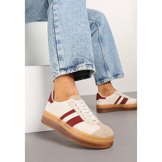 Beżowo-Bordowe Płaskie Sneakersy Ozdobione Paskami Norili ze sklepu born2be.pl w kategorii Buty sportowe damskie - zdjęcie 178033678