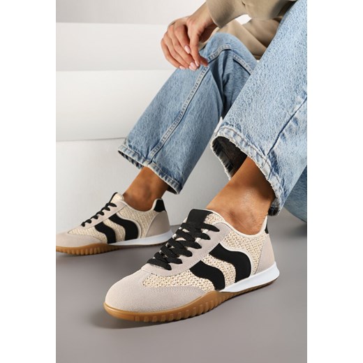 Beżowo-Czarne Sneakersy Ozdobione Plecionką z Rafii Wiloria ze sklepu born2be.pl w kategorii Buty sportowe damskie - zdjęcie 178033738