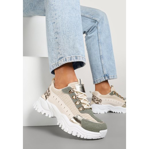 Beżowo-Zielone Sneakersy w Steetwearowym Stylu na Tłoczonej Platformie Ozdobione Wzorem w Panterkę Gonavielle ze sklepu renee.pl w kategorii Buty sportowe damskie - zdjęcie 178046157