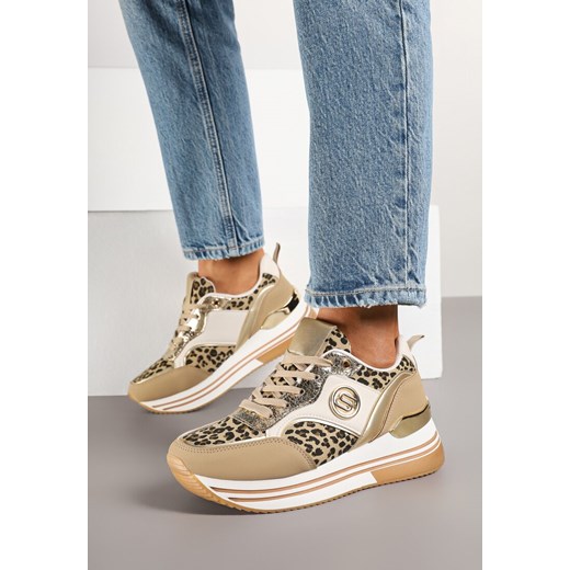 Ciemnobeżowe Sneakersy Ozdobione Wzorem w Panterkę z Metalicznymi Zdobieniami na Platformie Gonnella ze sklepu renee.pl w kategorii Buty sportowe damskie - zdjęcie 178046175