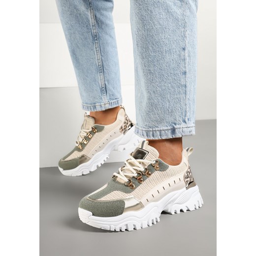 Beżowo-Zielone Streetwearowe Sneakersy na Grubej Podeszwie z Tłoczeniami i Wzorem w Panterkę Goniswen ze sklepu born2be.pl w kategorii Buty sportowe damskie - zdjęcie 178046435