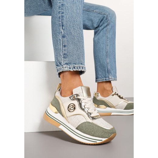 Beżowo-Zielone Sneakersy na Grubej Podeszwie z Metalicznymi Wstawkami Gonnith ze sklepu born2be.pl w kategorii Buty sportowe damskie - zdjęcie 178046459