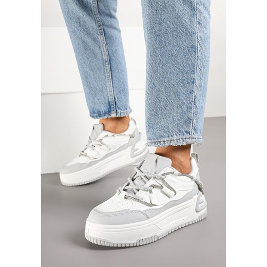Biało-Szare Sneakersy na Platformie z Paskiem z Cyrkonii Aneolin ze sklepu renee.pl w kategorii Buty sportowe damskie - zdjęcie 178051427