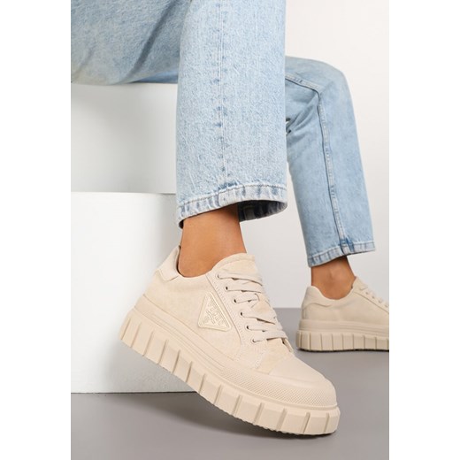 Beżowe Sneakersy Vices na Platformie z Ozdobą i Napisem Leawen ze sklepu renee.pl w kategorii Buty sportowe damskie - zdjęcie 178051588
