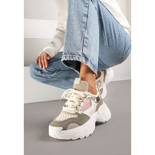 Beżowo-Zielone Sneakersy w Streetwearowym Stylu na Tłoczonej Podeszwie Nelasea ze sklepu renee.pl w kategorii Buty sportowe damskie - zdjęcie 178065636