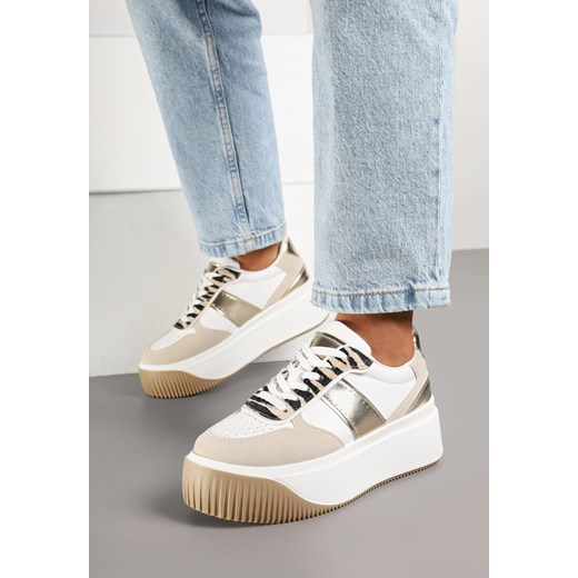Biało-Beżowe Sneakersy na Grubej Podeszwie z Metalicznymi Wstawkami i Motywem Zebry Fonelina ze sklepu born2be.pl w kategorii Buty sportowe damskie - zdjęcie 178066479