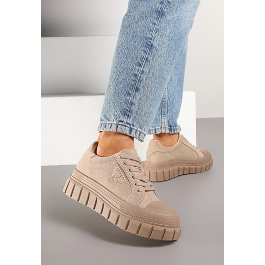 Ciemnobeżowe Sneakersy Vices na Grubej Podeszwie z Geometryczną Aplikacją Leanae ze sklepu born2be.pl w kategorii Buty sportowe damskie - zdjęcie 178068357