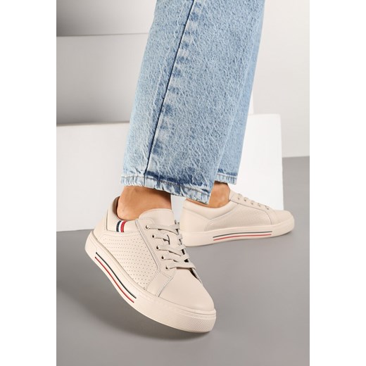 Beżowe Skórzane Sneakersy na Płaskiej Podeszwie ze Skórzaną Wkładką i Perforacją Galiwa ze sklepu renee.pl w kategorii Buty sportowe damskie - zdjęcie 178069517