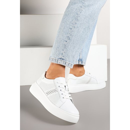 Białe Płaskie Ażurowe Sneakersy ze Skóry Naturalnej i Skórzaną Wkładką Lavili ze sklepu renee.pl w kategorii Buty sportowe damskie - zdjęcie 178070807