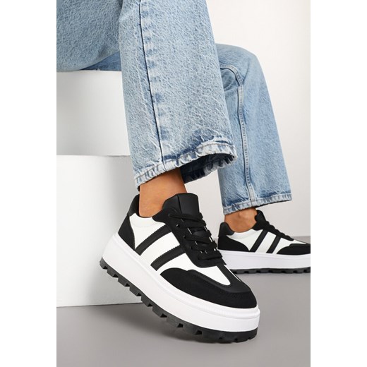 Czarno-Białe Sneakersy na Tłoczonej Platformie z Ozdobnymi Paskami Fonivena ze sklepu renee.pl w kategorii Buty sportowe damskie - zdjęcie 178090488