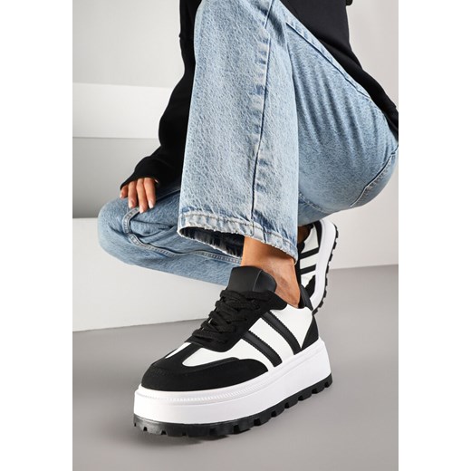 Czarno-Białe Sneakersy na Grubej Podeszwie Ozdobione Tłoczeniem i Paskami Fonrith ze sklepu born2be.pl w kategorii Buty sportowe damskie - zdjęcie 178091239