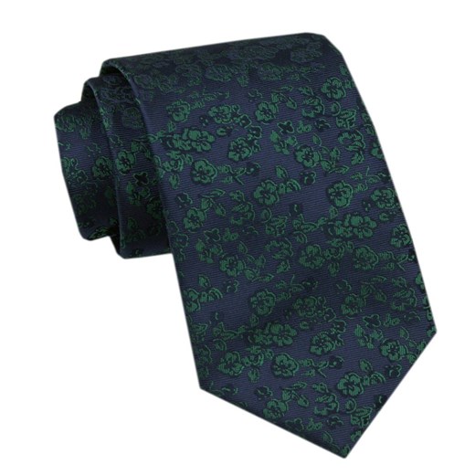 Elegancki Krawat Męski - Alties -  Granat z Zielonym Motywem Kwiatowym KRALTS1105 ze sklepu JegoSzafa.pl w kategorii Krawaty - zdjęcie 178099626