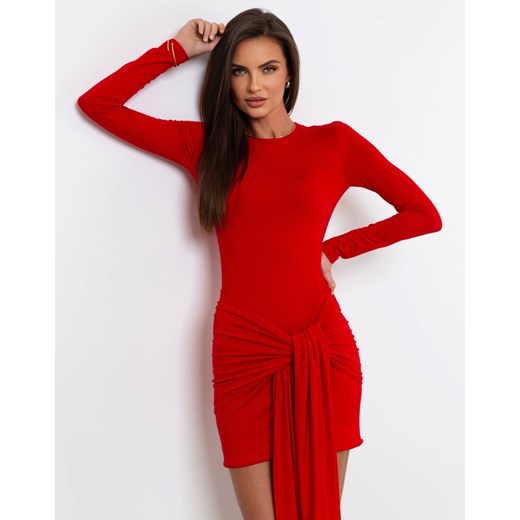 FORSETI Sukienka dzianinowa Engri z szarfą czerwona S09059 S09059, Rozmiar: S ze sklepu forseti.net.pl w kategorii Sukienki - zdjęcie 178099877