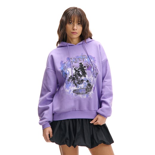 Cropp - Fioletowa bluza z kapturem i nadrukiem - fioletowy ze sklepu Cropp w kategorii Bluzy damskie - zdjęcie 178120347