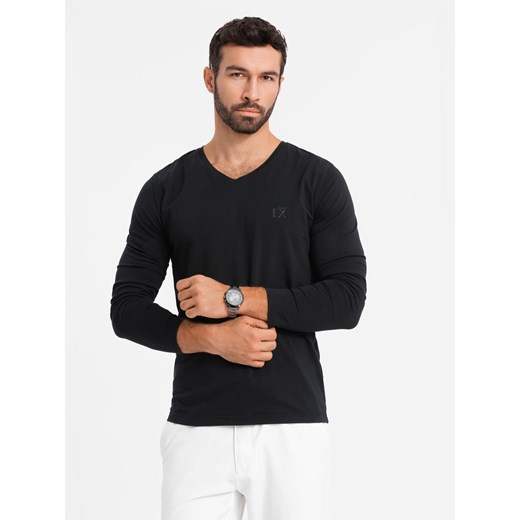 Longsleeve męski V-neck SLIM FIT z elastanem i printem – czarny V1 OM-LSBC-0123 ze sklepu ombre w kategorii T-shirty męskie - zdjęcie 178147948