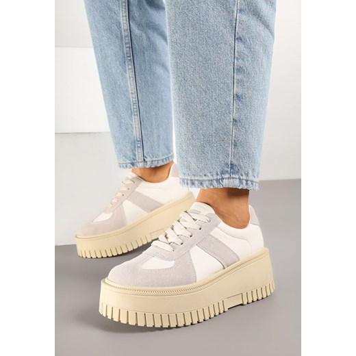 Beżowo-Szare Sneakersy w Stylu Tenisówek na Platformie z Tłoczeniami Firreis ze sklepu born2be.pl w kategorii Buty sportowe damskie - zdjęcie 178148399