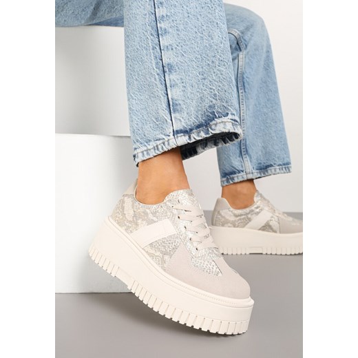 Beżowe Sneakersy Typu Tenisówki na Żłobionej Platformie Ozdobione Wężowym Motywem Lorreia ze sklepu renee.pl w kategorii Buty sportowe damskie - zdjęcie 178148695